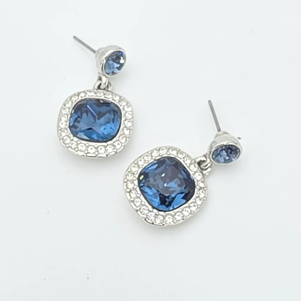 New! GIVENCHY Earrings SWAROVSKI Crystals Blue & Clear‎ Silver Plate Dangle Drop
